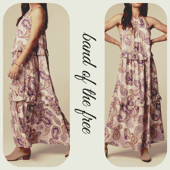 Boho Paisley Maxi Dress NWT Tie-Neck Tiered Cream Purple XS Band of the Free - Picture 1 of 9